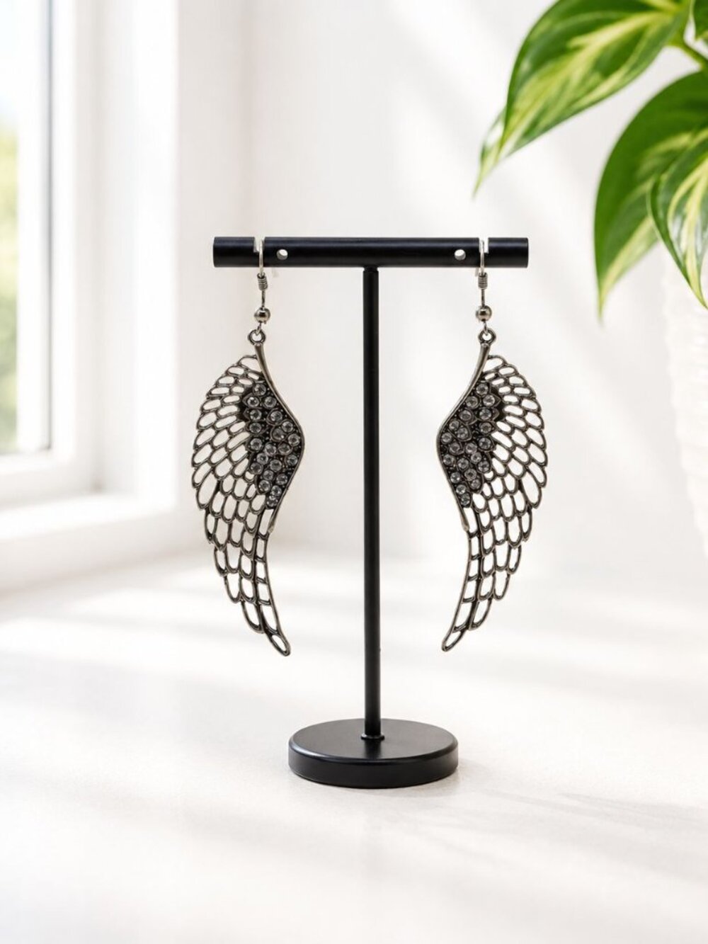 Winged Angel Feather Crystal Drop Earrings